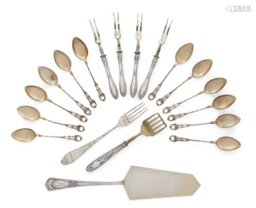 A small group of German .800 silver flatware comprising: a set of twelve silver gilt coffee spoons