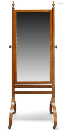 A Regency mahogany and satinwood cheval mirror, the rectangular bevelled plate between square