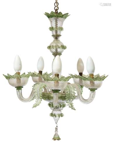A Murano hand-made glass five-light chandelier, 20th century, trimmed with green foliage and