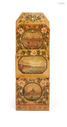 A 19th century printed and painted sycamore wall letter rack, each painted with central landscape