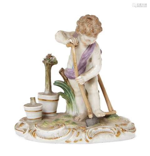 A 19th Century Meissen putto emblematic of Spring, on an oval base with marks to base, 12cm high.