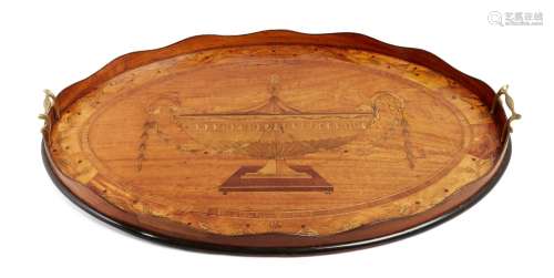 A George III marquetry inlaid satinwood oval tray, with wavy gallery, inlaid urn and foliage,