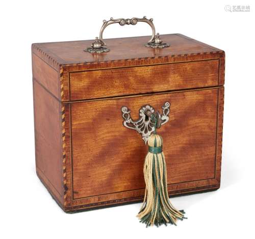 A George III silver-mounted satinwood two-division tea caddy, with 'barber's-pole' edging, the