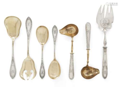 A group of German .800 silver serving implements comprising: two silver handled toddy ladles with