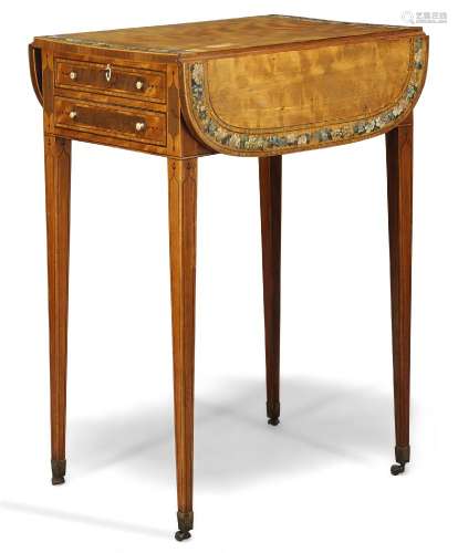 A George III painted satinwood Pembroke work table, in the manner of George Seddon, the top with