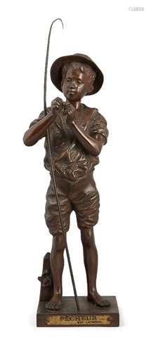 After Adolphe Lavergne, (1863-1928), bronze Pecheur boy with fishing rod standing full length,