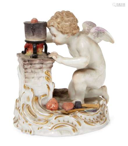 A 19th Century Meissen Cupid, emblematic of Winter, on oval base bears marks to base, 13cm high.