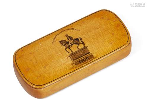 A Mauchline ware satinwood snuff box, early 19th century, decorated with William III on horseback