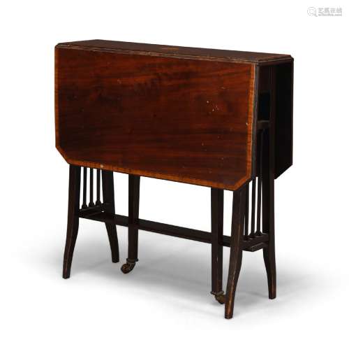 An Edwardian mahogany and satinwood crossbanded Sutherland tea table, the rectangular top with