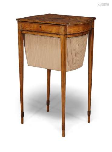 A George III satinwood and marquetry work table, the hinged and crossbanded lid centred by inlaid