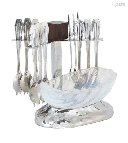 An Art-Deco chromium plated, opalescent glass and rosewood oyster pick set c.1930, apparently