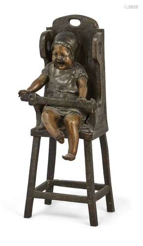 Clement Leopold Steiner (1853-1899), bronze Le bébé crieur Screaming child in high-chair Signed 32cm