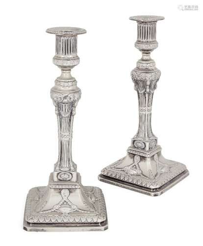 A pair of Adam-style silver plated metal candlesticks, Richard Hodd & Son, London, 1872-1981, the