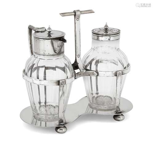 A William Hutton & Sons electroplate and glass cruet set in the manner of Dr Christopher Dresser