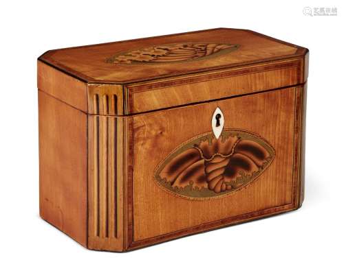 A George III satinwood and shell inlaid two-division tea caddy, chamfered corners inlaid with