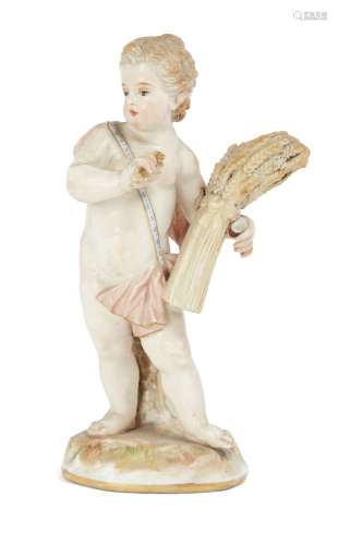 A 19th Century Meissen putto, holding a sheaf of corn, marks to base, 13cm high.Please refer to