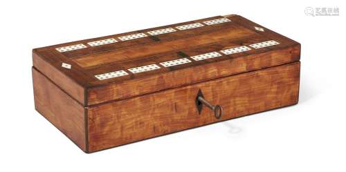 A satinwood games box, 19th century, ivory inlaid with bridge markers to lid, opens to reveal