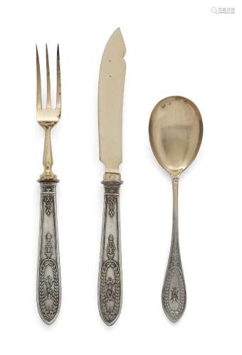 A set of partially gilded German .800 silver fruit knives and forks, probably by Lazarus Posen (c.