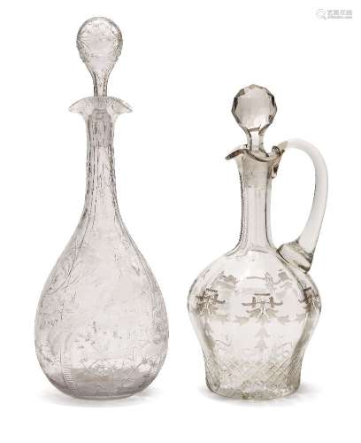 A cut crystal glass pear-shape decanter and stopper, decorated with peacock and hen design cut