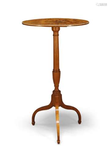 A blond tortoiseshell and ivory inlaid oval occasional table, early 19th Century, on later satinwood