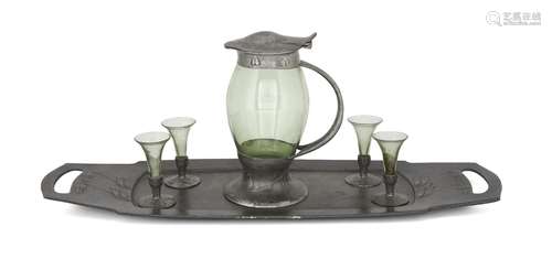 Liberty & Co., a pewter and green glass liqueur set c.1905, stamped English Pewter 0330 & 0331 (