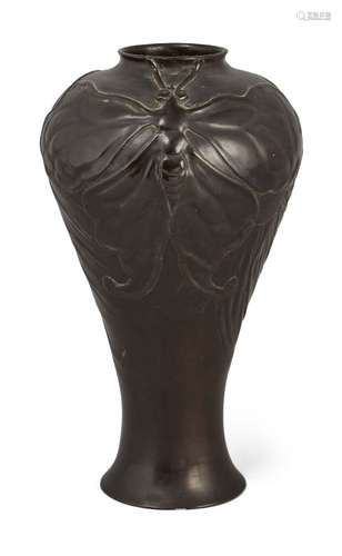 A Japanese bronze vase, Meiji period, the tapering ovoid body decorated with opposing moths,