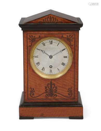 A Benjamin Lewis Vulliamy, London satinwood table clock, no. 1280, silvered dial with engine-