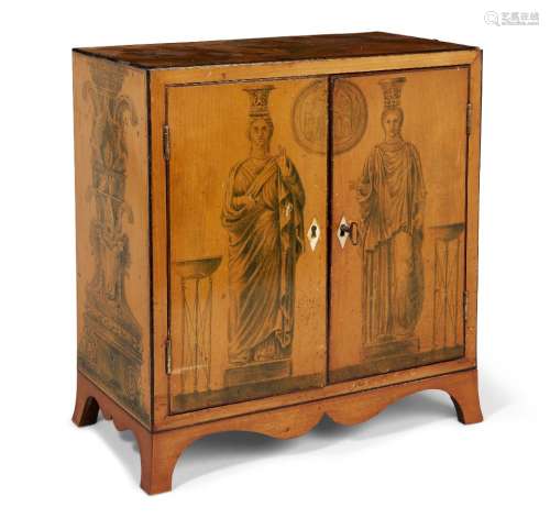 An unusual Regency penwork sycamore and satinwood table cabinet, early 19th century, decorated