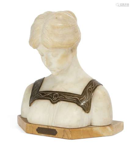 Lenter, A.G. Alabaster and bronze bust, titled plaque “Meditation” Signed 18cm highPlease refer to