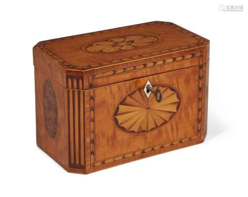 A George III inlaid satinwood oblong two-division tea caddy, with chamfered inlaid corners and fan
