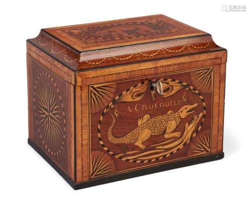A rare George III inlaid satinwood three-division tea caddy, early 19th century, decorated with an