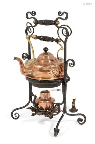 An Arts & Crafts copper, brass and wrought iron tea kettle, stand and spirit heater c.1900,