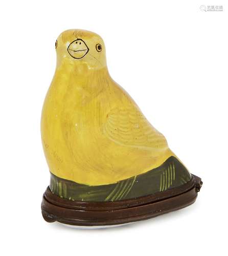 A Bilston yellow enamel finch box, circa 1770, the interior of floral painted lid with a mirror 5.