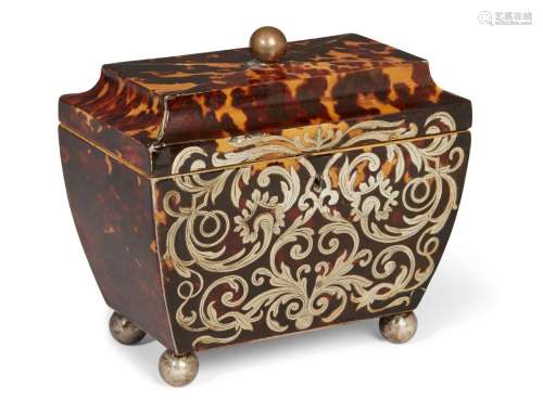 A George IV silver inlaid tortoiseshell sarcophagus shaped two-division tea caddy, lidded interior