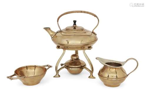 W.A.S. Benson (1854-1924), a brass kettle, stand and burner c.1900, Stamped WASB with hammers in a