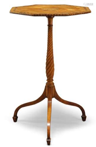 A satinwood and inlaid octagonal occasional table, 19th Century, on spiral baluster form support