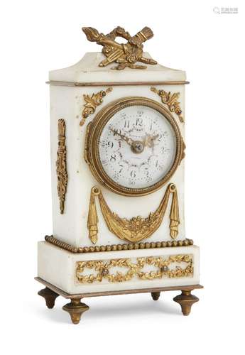 A French miniature gilt bronze and white marble table clock, timepiece movement, painted enamel dial