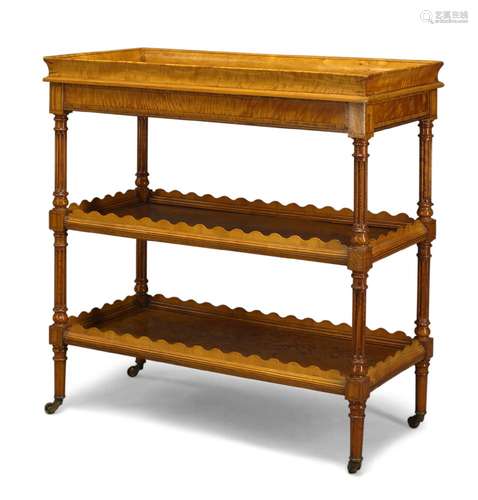 A Victorian satinwood and line inlaid three-tier etagère, with galleried tray top over two