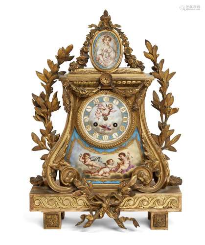 A large gilt bronze and Sèvres-style bleu celeste porcelain mantel clock, 19th century, in rococo