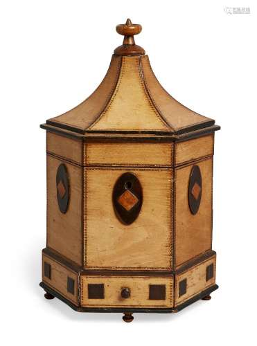 A late Regency satin birch hexagonal pagoda tea caddy, spoon drawer to base, 26cm high Provenance: