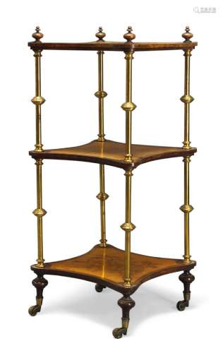 A satinwood and rosewood inlaid three-tier etagère, late 19th Century, the shaped tiers centred by