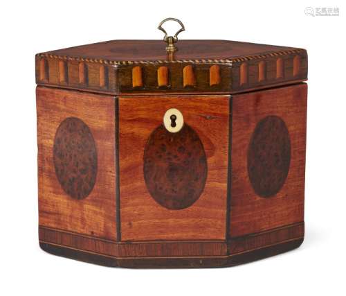 A George III satinwood hexagonal tea caddy, each side inlaid with burr yew oval, single lid with