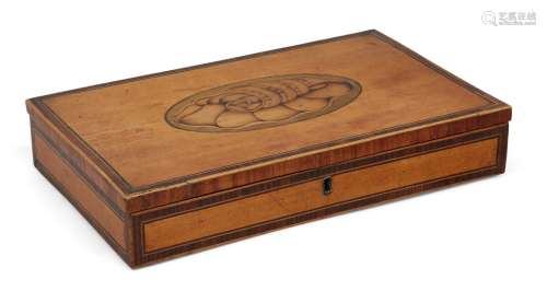A George III satinwood box, the shell inlaid top opening to reveal fitted interior containing