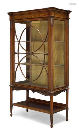 An Edwardian mahogany, satinwood and marquetry inlaid display cabinet by Maple & Co. with Greek