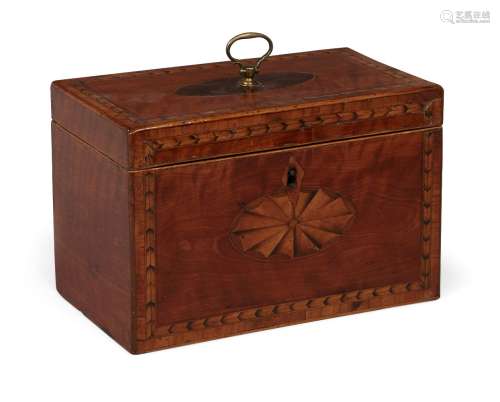 A George III satinwood inlaid two-division tea caddy, loop handle, shell inlaid oval to front,