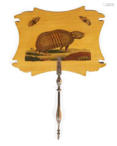 A decorated sycamore face screen, 19th century, with a printed armadillo, 31cm highPlease refer to