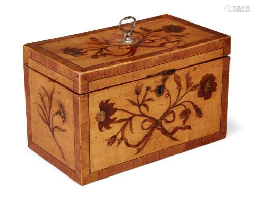 A George III satinwood inlaid oblong two-division tea caddy, with silver loop handle, inlaid overall