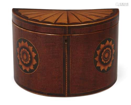 A George III inlaid mahogany and satinwood demi-lune two-division tea caddy, the top inlaid with