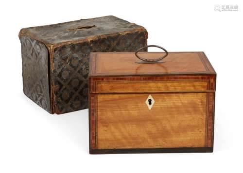 A George III satinwood two-division tea caddy, the lid with white metal loop handle, opening to
