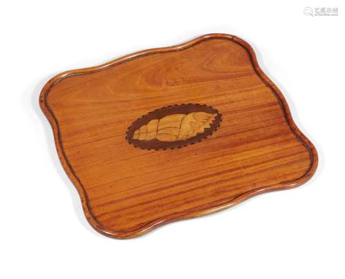 An Edwardian inlaid satinwood shaped dish-top tray, centred with a shell motif, 29cm wide